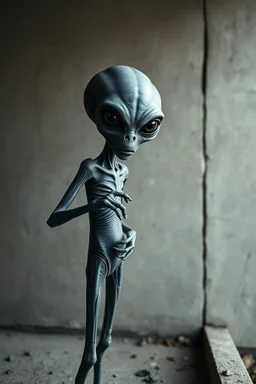 a gray alien standing by a wall pissing front view he turned face write scared