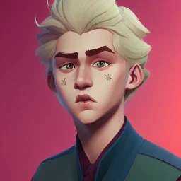 Portrait of a sweet 9 year old wizard blond curly hair boy with big lips Nick Harris style