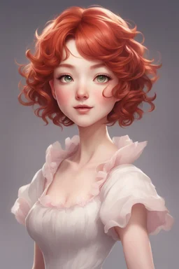 A short girl with thick short wavy red hair, narrow kind eyes with an enthusiastic look. A wide oval face is decorated with an upturned nose and small lips in the style of genshin impact, a full-length ballerina