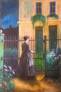 Night, one woman, house, vegetations, flowers, metal gate, dirt, charles leickert, and anna boch paintings