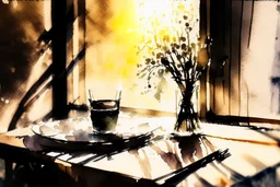 A table in a nice restaurant next to the window, meal, wine and flower on it, melting watercolor and black ink outlines on wet paper, soft, shading strokes, in sunshine, ethereal, otherwordly, cinematic postprocessing, bokeh, dof