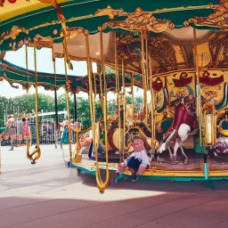 Turtle playing on the carousel in the amusement park