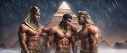 Hyper realistic shirtless muscular male Egyptian pharaohs hugging & a pyramid behind at snowfall night