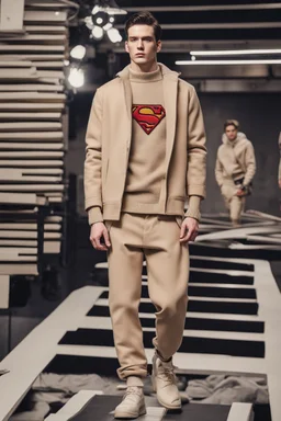 a men winter fashion runway Superman with industrial clothes inspired by Superman Emblem style, embroidery sweaters fashion beige tones