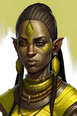 Generate a dungeons and dragons character portrait of the face of a young female Githyanki githyanki were tall and slender humanoids with rough, leathery yellow skin and bright black eyes that were sunken deep in their orbits. They had long and angular skulls, with small and highly placed flat noses, and ears that were pointed and serrated in the back side. They typically grew either red or black hair, which they styled in topknots. Their teeth were pointed.