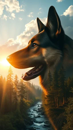 portrait of German shepherd dog , Double exposure surreal digital art of a mysterious , his face in profile, blending seamlessly into the shape of the clouds . a magical forest scene unfolds, illuminated by golden light rays, with tall trees and a flowing river.