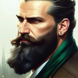 "MIddle aged white human male, with a trimmed but uneven beard, piercing green eyes with slick back hair,complete head and shoulders portrait, 8k resolution concept art portrait by Greg Rutkowski, Artgerm, WLOP, Alphonse Mucha dynamic lighting hyperdetailed intricately detailed Splash art trending on Artstation triadic colors Unreal Engine 5 volumetric lighting Splash art fantasy"