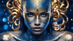 humanoid, double exposure, silver skin, fish scales, slender muscular warrior, tattoo, tentacles, gold, blue, copper-zinc orichalcum jewelry and piercing, beautiful face, mesmerizing starry eyes, smooth translucent skin, hourglass, glowing, glare, size DD.