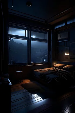 inside a cyberpunk style bedroom, windows reveal distant cliffs, nighttime, night, dark and moody