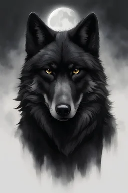 Portrait of an all black wolf with steel eyes a white patch of fur on its chest in the shape of the cresent moon