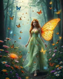 Beautiful Lady Fairy walk in forest with flowers and many colourful butterflies and fireflys, photography art