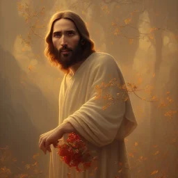 Jesus portrait , detailed hands, at dawn by atey ghailan, golden light , white robe, holding leaves and flowers , angels background, volumetric light, high detail, red leaf tree, mountains in background, perfect