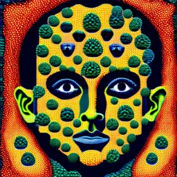 A human face made of many little human faces in Max Ernst style pointillism