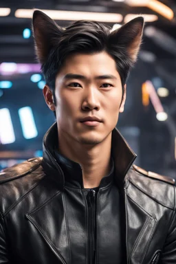 Male Half-Asian actor with cat ears in a leather jacket, on a spaceship deck