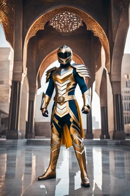 Arab power ranger Full Body,Full biomechanical Armored helmet,Wearing Face Mask Iron Masculine Mysterious Powerful Fantasy High Quality clothes,islamic city background