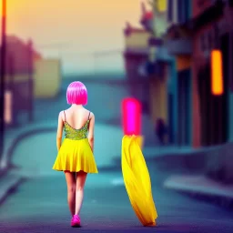 Beautiful lonely girl who walks along a street without people at dawn. You see her from behind. She short wears very short yellow dress, long legs. She has short pink hair with glowing crystals. Full body, 8k resolution concept art. Professional Photo HD. Stylish. Warm vivid colors. Panoramic