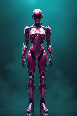 Hyper-realistic full-body 3D surreal digital painting of a female humanoid droid mechanic standing upright, perfect full-body proportions, elegant futuristic design, highly detailed mechanical anatomy with refined joints and precision engineering, sleek magenta metallic armor with subtle wear and realistic reflections, diamond-like crystalline accents integrated into the body design, cinematic pose showing full silhouette from head to feet, rich deep teal atmospheric background, soft volumetric