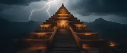 A Cinematic extreme long drone shot of a hyper detailed crafted Tall And huge golden abandoned haunted Indian temple having 500 stair steps at dark night with thunder lightning with on the far mountain top at dark rainy night Showing Dramatic And Cinematic Ambiance.