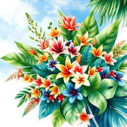 Jungle Bouquet Symphony Watercolor of tropical spring floral green leaves and flowers, bouquets bursting with life, hues of emerald, and turquoise blend harmoniously with the vivid spectrum of floral colors, scene set against a backdrop of a clear blue sky with dappled sunlight, capturing the essence of a tropical garden in full bloom, mood is uplifting and invigorating, celebrating the rejuvenation of life in spring, realistic illustration rendered with high-definition detailing, art that high