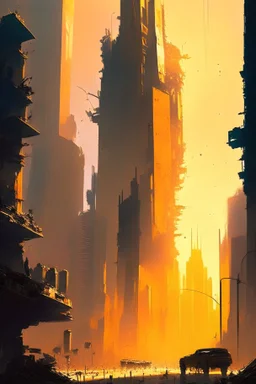 The dazzling metropolis decorated with towering skyscrapers and bustling with life is being subjected to the merciless ravages of the blazing summer sun causing it to gradually liquefy into a gooey molten mess, apocalyptic landscape of a cityscape melting under the scorching heat of the sun, Digital painting, Highly detailed, art by ian mcque and sparth, Dark, Post-apocalyptic, Vivid, Sharp focus, Artstation, Sci-fi, abstract.