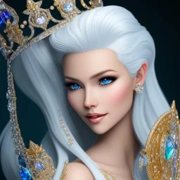 Ice Princess with white hair smilling, a crown with precious stones, bright background