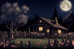 Dry trees, night, full moon, cabin, yard with flowers, fence