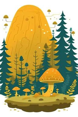 Vector image with colors inspired by Looish of a cute, beehive hanging from a tree branch in a Nordic forest with big rocks, moss and mushrooms in the background