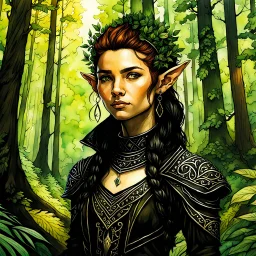 create an oil and watercolor full body portrait of a young, nomadic goth punk forest elf female fantasy art character, with highly detailed, sharply lined facial features, in the deep forest of Brokilon , finely inked, 4k in the style of Maxfield Parrish