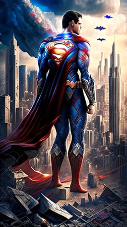 Album cover. Realistic drawing of Mandala pattern. .Advanced Superman with an advanced suit..Realistic detailing. High quality . Movie scene. background . A destroyed city.