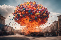 Atomic explosion, made of balloons, ULTRA REALISTIC, details, intricate detail, professional lighting, film lighting, 35mm, anamorphic, lightroom, cinematography, bokeh, lens flare, film grain, hdr10, 8k, Roger Deakins, incredibly detailed, reflect, sharpen