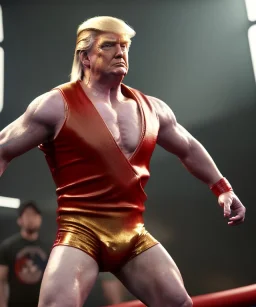 Donald trump wrestling fighter, naked torso, color breeches, suspenders, retro style, 80s, hot ambient, photo studio, red, gold, vibrant color, gradient, highly detailed, art stations, concept art, smooth, unreal engine 5, god rays, ray tracing, RTX, lumen lighting, ultra detail, volumetric lighting, 3d, finely drawn, high definition, high resolution.