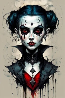 create a highly ethereal, darkly magical full body portrait illustration of a malevolent goth vampire girl , with highly detailed and deeply cut facial features, in the the style of JEAN-BAPTISTE MONGE and BILL SIENKIEWICZ, searing lines and forceful strokes, precisely drawn, boldly inked, with vibrant colors