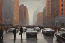 city, cars, people, gary numan influence, realistic painting