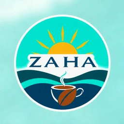 A circular logo with the name (ZAHA) designed for a cafe with the symbol of the sun and turquoise and indigo colors and a coffee bean and a coffee cup at the bottom of the logo.