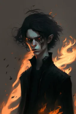 Boy with wight hair and black clothes and power fire