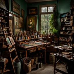 inside art studio, art supplies, imbued with cold raining hues, exuding an old-fashioned charm