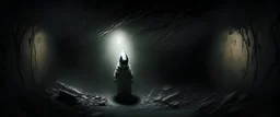 character in semi-darkness, on the scree cone of an underground room dimly lit by daylight coming from a well located forty meters above.