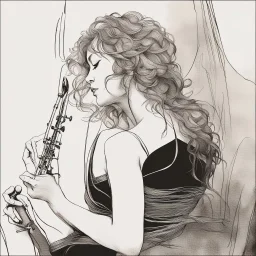 As the music reaches its climax, the woman's body begins to sway back and forth, as if she's lost in the emotions of the song. Tears well up in her eyes, and she lets out a soft, mournful sigh. The recording ends, and she sits back in her chair, lost in thought once againAnd she looks in the other direction style pen drawing
