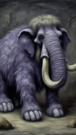 A grayish purple ice elemental woolly mammoth designed in Scandinavian folk art painted by Gustave Courbet