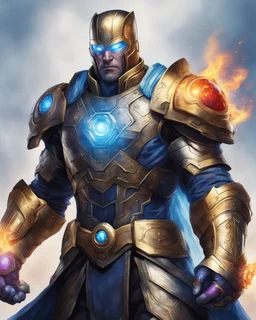 An armor made of a mixture of steel and leather, worn by a strong commander with magical power K's infinity gauntlet has six infinity stones While standing on a majestic height from afar A flaming-eyed commander with flaming light blue pupils stands atop a squire