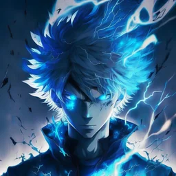midnight hair, light blue eyes, black outfit, anime, destruction background, hides emotions, male, blue aura, blue lightning covering him