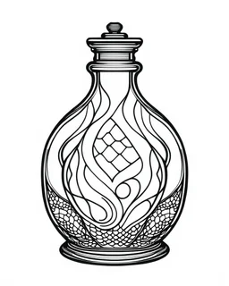 A vector image of a coloring book page a majestic witch bottle with an intricate stained glass pattern with bold line art and a black outline on a white background, suitable for both adults and children.