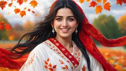 Hyper Realistic Close-Up-View of Extremely-Beautiful Young Happy Pashto Girl With Long-Black-Hair-Beautiful-Eyes-&-white-frock-with-red-shawl-with-white-embroidery Whirling-&-smiling in Autumn-Weather with cloudy sky in-an-Autumn-garden-with-orange-leaves-whirling-&-grass-arches-&-cold-breeze showing dramatic & cinematic ambiance.