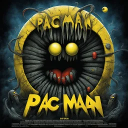 Dramatic modern movie poster art for blockbuster horror movie for "Pac-Man" by David Cronenberg, lovecraftian weirdness, Sinister zombiefied Pac-man, digital illustration, surreal horror, text: "PAC-MAN", poster art by Leszak Bujnowski and Ben Goossens