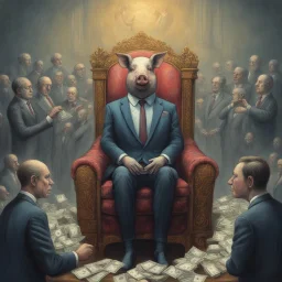 rich pig in suit on a throne making stacks of money by making a deal with a buisnessman. background of musicians. Payday payday. beksinski style. politicians