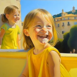 Neoclassicism child smiling at other child painting yellow realistic cote d'azur