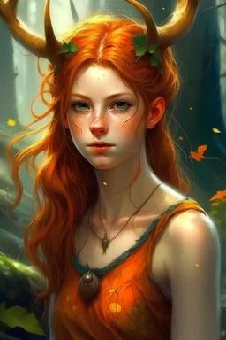 pretty girl, aged 13, ginger, conventionally attractive, realism, dreamy, tight top, bright clothes, full length, faun, satyr