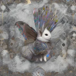 white platinum rabbit with blue third aye and butterfly wings, aboriginal, dot painting, indiginous, dot, mud, dream-time, abstract, dots, natural pigment, extremely sharp detail, finely tuned detail, ultra high definition, 8 k, unreal engine 5, ultra sharp focus, art germ and Paul Lewin and Kehinde Wiley