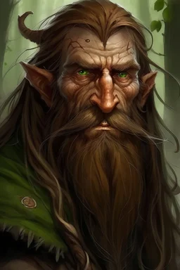 Gnom, braune lange wilde Haare, große, auffällig dicker Nase, grüne Augen, sehr jung , Druide, Haut wie Baumrinde, Zeichen im Gesicht, Mann