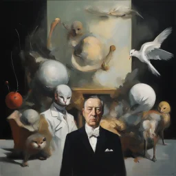 UN conference,a cat and human flesh-like surgical instruments and universe-like a pigeon and neuralink, surrealism,minimalism,Painting By Adrian Ghenie, Rene Magritte, Salvador Dali, Lucian Freud